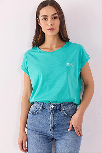VENA Tricou cu logo Cindy pentru femei, 100% bumbac - Turcoaz