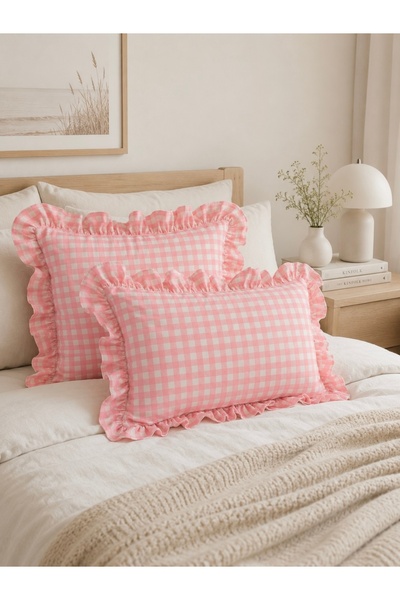 Decamor home غطاء وسادة من الكتان المزخرف بالكشكشة باللون الوردي، غطاء وسادة ...