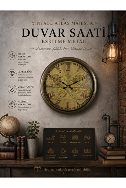 Vintage Atlas Majestic 40 Cm Metal Duvar Saati