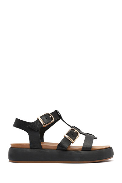 Derimod Women's Black Buckle Thick Soled Genuine Leather Sandals 25Sfd550318
