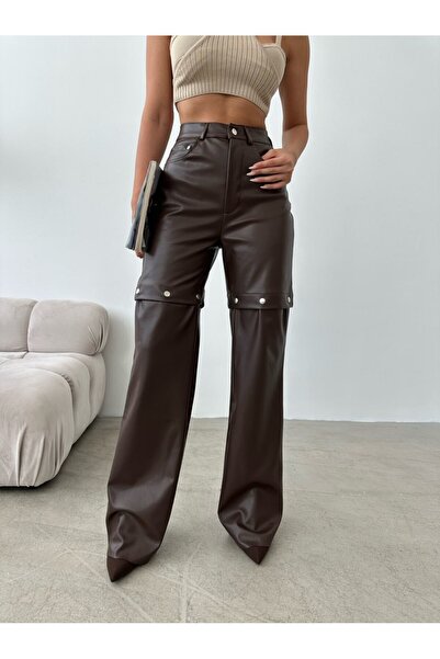 HerTon Detachable Leather Trousers with Snap Detail