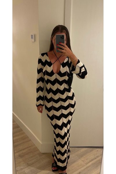 MARLİNG Rochie tricotată lungă tip maxi, cu model zigzag, decolteu în V, stil boem, de vară pentru plajă