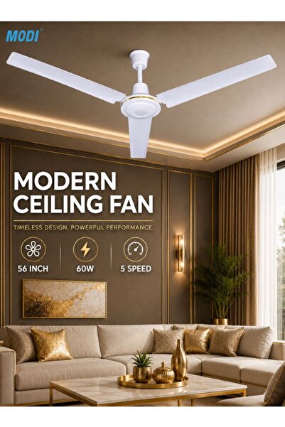 modi 60W Ceiling Fan, 56 Inch 3-Blade White Ceiling Mounted Fan, Low Noise Ai...