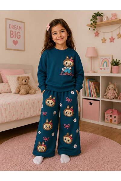 Fil Kids Girls' Cotton Fabric Petrol Green Color 2 Thread Labubu Flower Patte...
