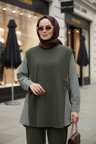 Aselim Hijap Moda طقم نسائي من ليورا مكون من قطعتين - قميص قطني بتفاصيل من خي...