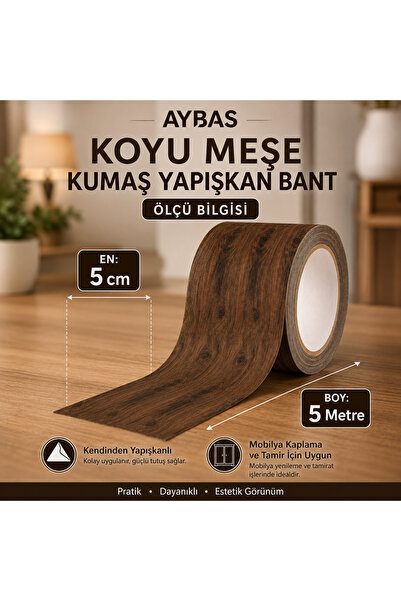 Aybas 5cm x 5metre Koyu Ceviz Ahşap Desenli Kumaş Yapışkan Bant – Kendinden Y...