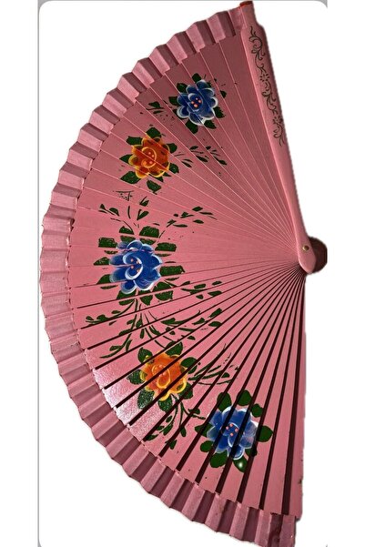 Andante Çift Taraflı Desenli Açık Pembe Lüks Çiçek Desenli Japon Yelpaze