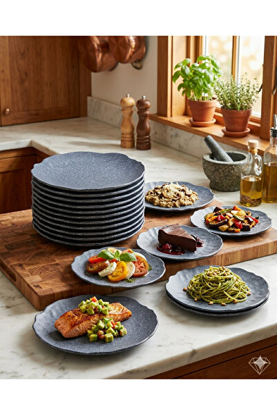 BİODATA Set of 12 Matte Gray 18 cm Wavy Edge Serving Plates - Modern Round Br...