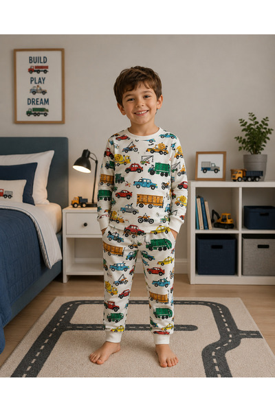 Fil Kids Set pijamale de iarnă pentru băieți, 100% bumbac, culoare albă, cu m...