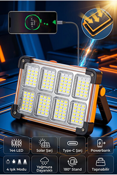MAKAMP Solar Şarjlı LED Projektör – Taşınabilir, Güçlü Işık, Powerbank Özellikli