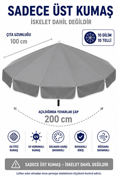 Düvenci Gri Polyester Kumaş, 200 cm / 10 telli (plaj şemsiyesi uyumlu)