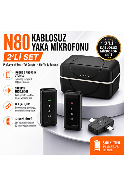 Bubitechh N80 Kablosuz Yaka Mikrofonu 2'li İphone Android İçin Tak Çalıştır G...