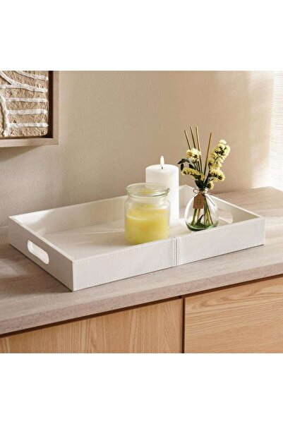 PAN HOME صينية ديكور من الجلد الصناعي من فلوريس 45x30x6 سم - أبيض