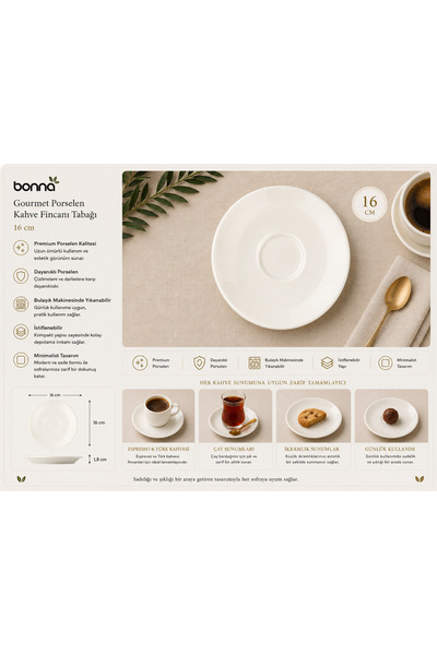 Bonnami Bonna Gourmet Porselen Kahve Fincanı Tabağı 16 cm - Premium Beyaz Sun...