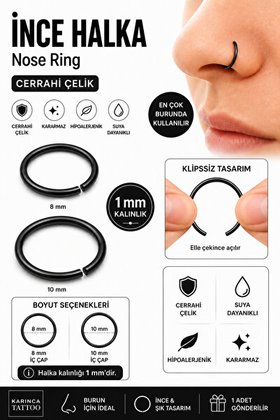 Karınca Piercing İnce Halka Piercing Helix Daith Rook Septum Cerrahi Çelik Ku...