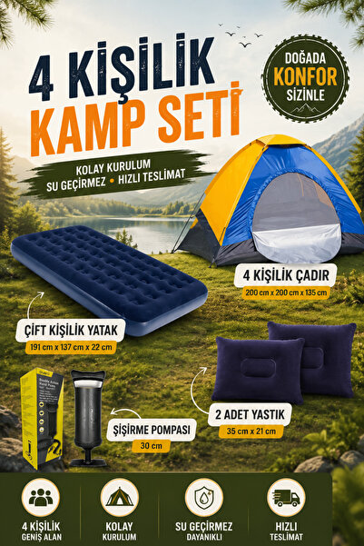 post alley 4 Kişilik Kolay Kurulumlu Kamp Çadırı + Çift Kişilik Şişme Yatak S...