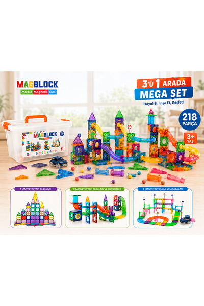 Magblock Manyetik 218 Parça - 3' Ü Bir Arada Oyun Seti. Manyetik Bloklar, Sil...