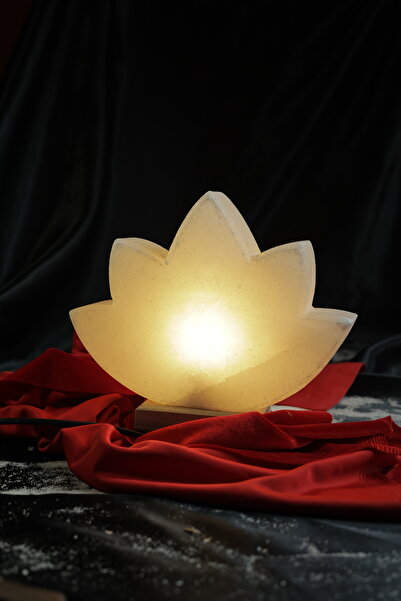 TUZCU KENAN Beyaz Lotus Çiçeği Model Tuz Lambası Ahşap Kaideli Dekoratif Orta...