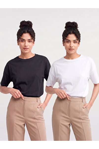 warn 2'Li Düşük Omuz Kadın Basic Düz T-Shirt Yazlık Pamuklu Kumaş