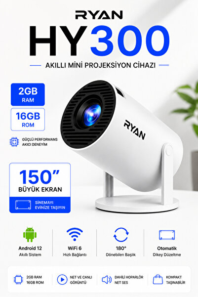 Ryan Technology Mini Projektör Akıllı Projeksiyon Cihazı Kablosuz Ekran Yansı...