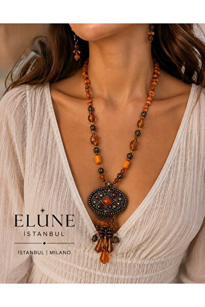 ELUNE İSTANBUL & Milano Vintage Bohemian Orange Stone Ethnic Long Necklace Ea...