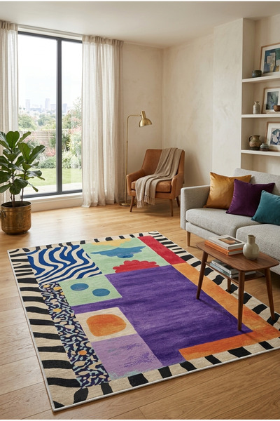 Pelura Halı Modern Geometrik Desenli Dijital Baskılı Yıkanabilir Kaymaz Taban...