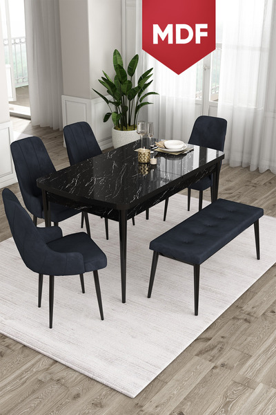 Canisa Ram Serisi 80x132 MDF Açılabilir Mutfak Masası Takımı Siyah Mermer Mas...