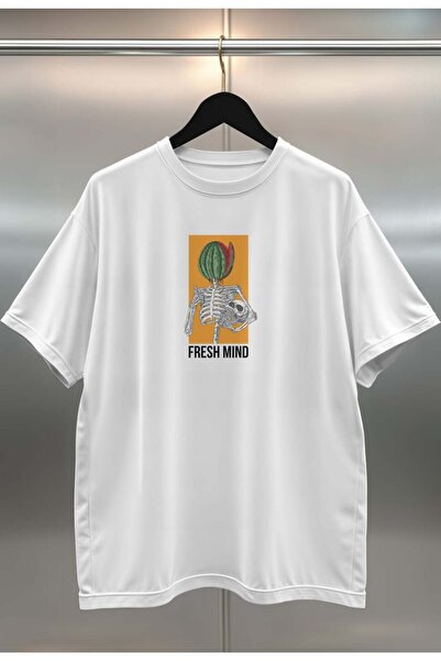 buzagi Fresh Mind Digital Print Oversize Unisex White T-Shirt