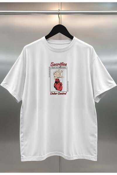 buzagi tasarım ürünleri Sacrifice Digital Print Oversize Unisex White T-Shirt
