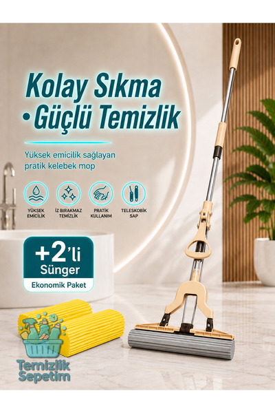 temizliksepetim Kelebek Mop Süngerli Paspas Seti, Kendinden Sıkmalı Teleskobi...