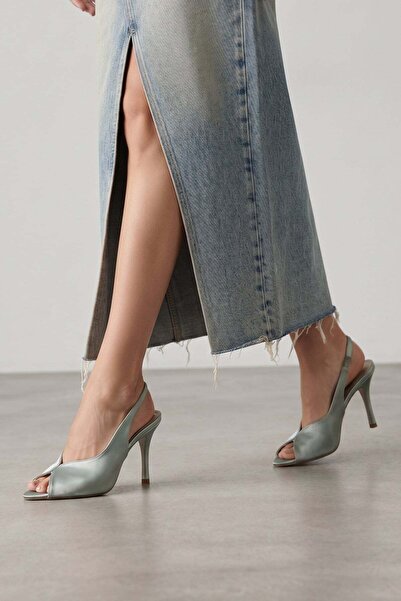 Modezya Penny Water Green Satin Ankle Elastic Detail Pointed Toe Women's Heel...
