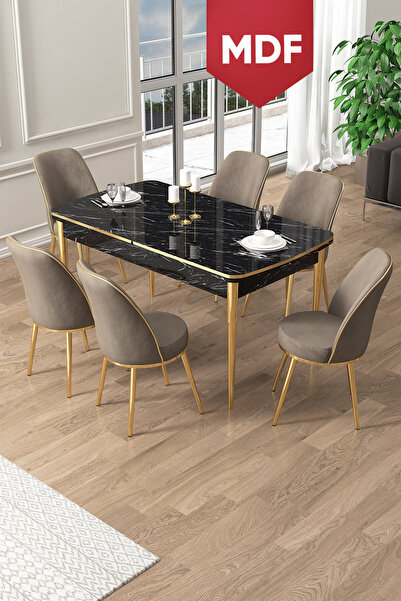Canisa Pale Serisi 80x132 MDF Açılabilir Siyah Mermer Desen Mutfak Masa Takım...