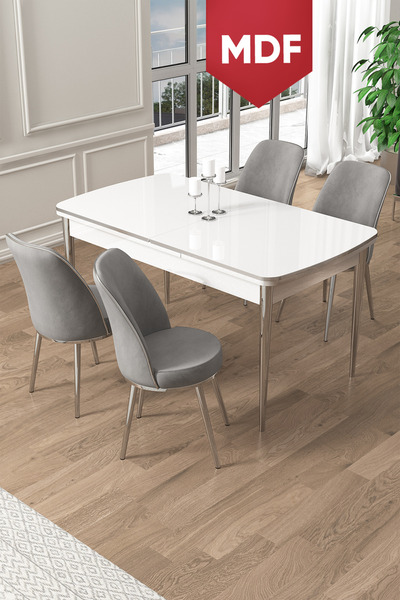 Canisa Pale Serisi 80x132 MDF Açılabilir Beyaz Masa Krom Ayak Mutfak Masası T...