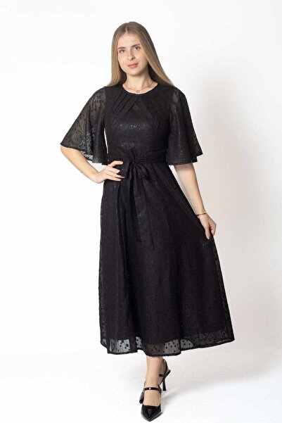 mica Shiny Midi Dress with Waist Tie and Short Sleeves