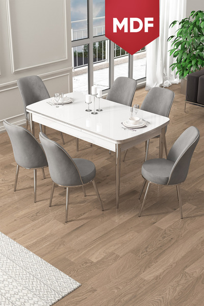Canisa Pale Serisi 80x132 MDF Açılabilir Beyaz Mutfak Masa Takımı 6 Gri Sanda...
