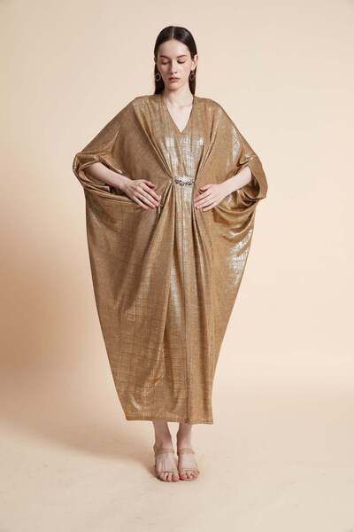 Yola Midi Patterned Satin Dress with Long Sleeves