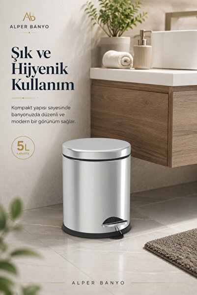 Alper Banyo 5 LT Parlak Krom Pedallı Çöp Kovası Çelik Kapaklı Çıkarılabilir İ...