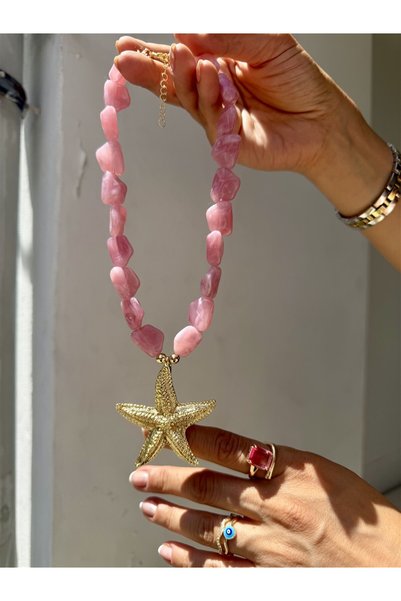 Gözde Tasarım Butik Women's Batik Pink Color Imported Glass Bead Bone Sea Star Necklace