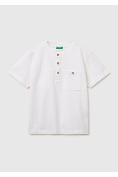 United Colors of Benetton Boy's white henley t-shirt with logo detail, button...