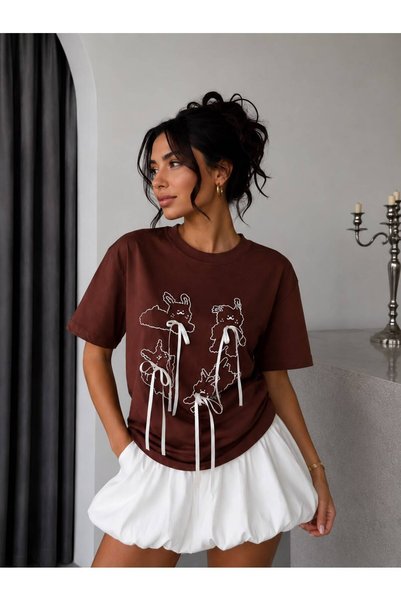 OYERGA MODA Women's Bow Detailed 100% Cotton Basic T-Shirt