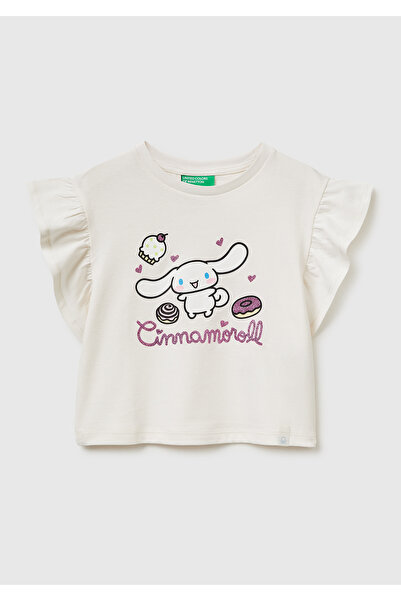 United Colors of Benetton Girl's ecru t-shirt with graphic print, silvery det...