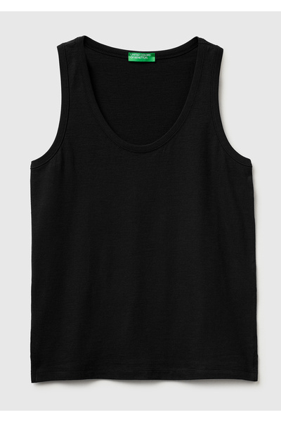 United Colors of Benetton Women's black 100% cotton wide round neck strappy t...