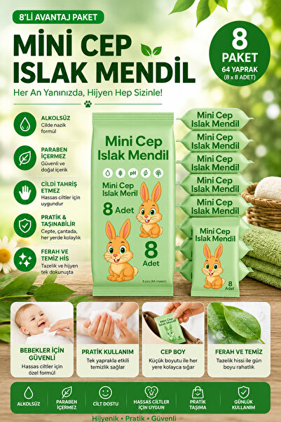 ANI OFİS KIRTASİYE A K Mini Cep Islak Mendil 8'li Paket – Alkolsüz, Paraben İ...