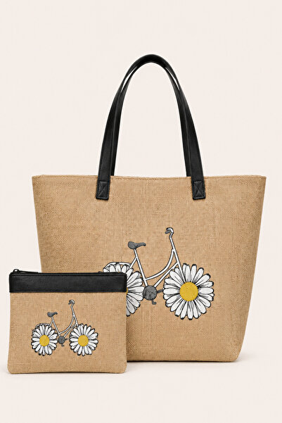 Woys Bags Daisy Printed Leather Handle Straw Fabric Printed Beach Bag and Mak...