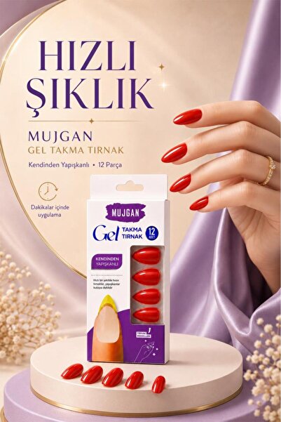 MUJGAN 12’li Badem Şekilli Kendinden Yapışkanlı Takma Tırnak Seti Kırmızı Renk