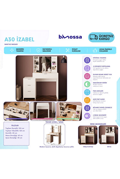 Bimossa A3060 İzabel Makyaj Masası Sepet-Kumtaşı Aynalı, 3 Çekmeceli Yan Dolaplı, Raflı, Fonksiyonel Tasarım