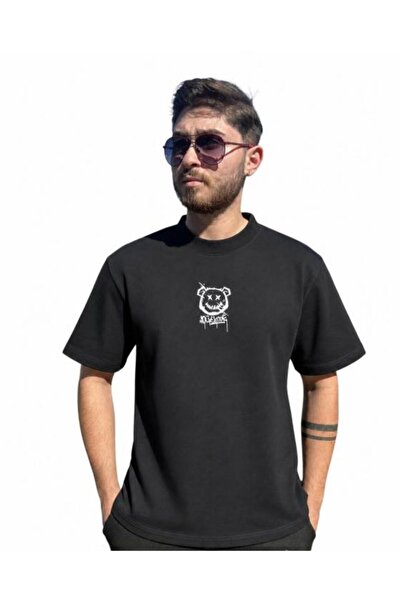OEM Tricou supradimensionat pentru bărbați, 100% bumbac, imprimeu urban cu ursuleț grafic și detalii colorate, mărimea L