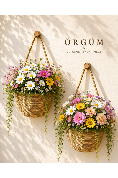 ÖRGÜM Sepet 2'li Mini Çiçeklik Dekoratif Organizer 12x10 Cm (BİTKİLER VE ASKI...