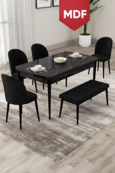 Canisa Roe Serisi Açılabilir MDF 80x132 Siyah Mermer Desen Mutfak Masası Takı...