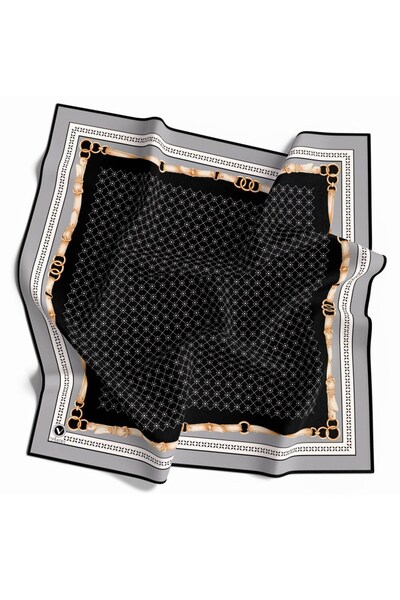 VİOLLA Twill Kemerli ve Çıtır Motifli Desenli Gri Renkli 90x90 Eşarp (İpek İç...